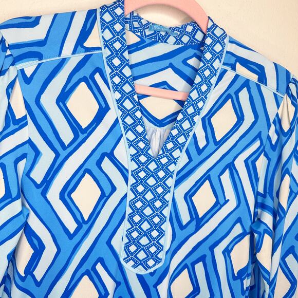 J McLaughlin Emer Long Sleeve Blue White Vilhada Souk Geometric Print Mini Dress - Picture 6 of 16